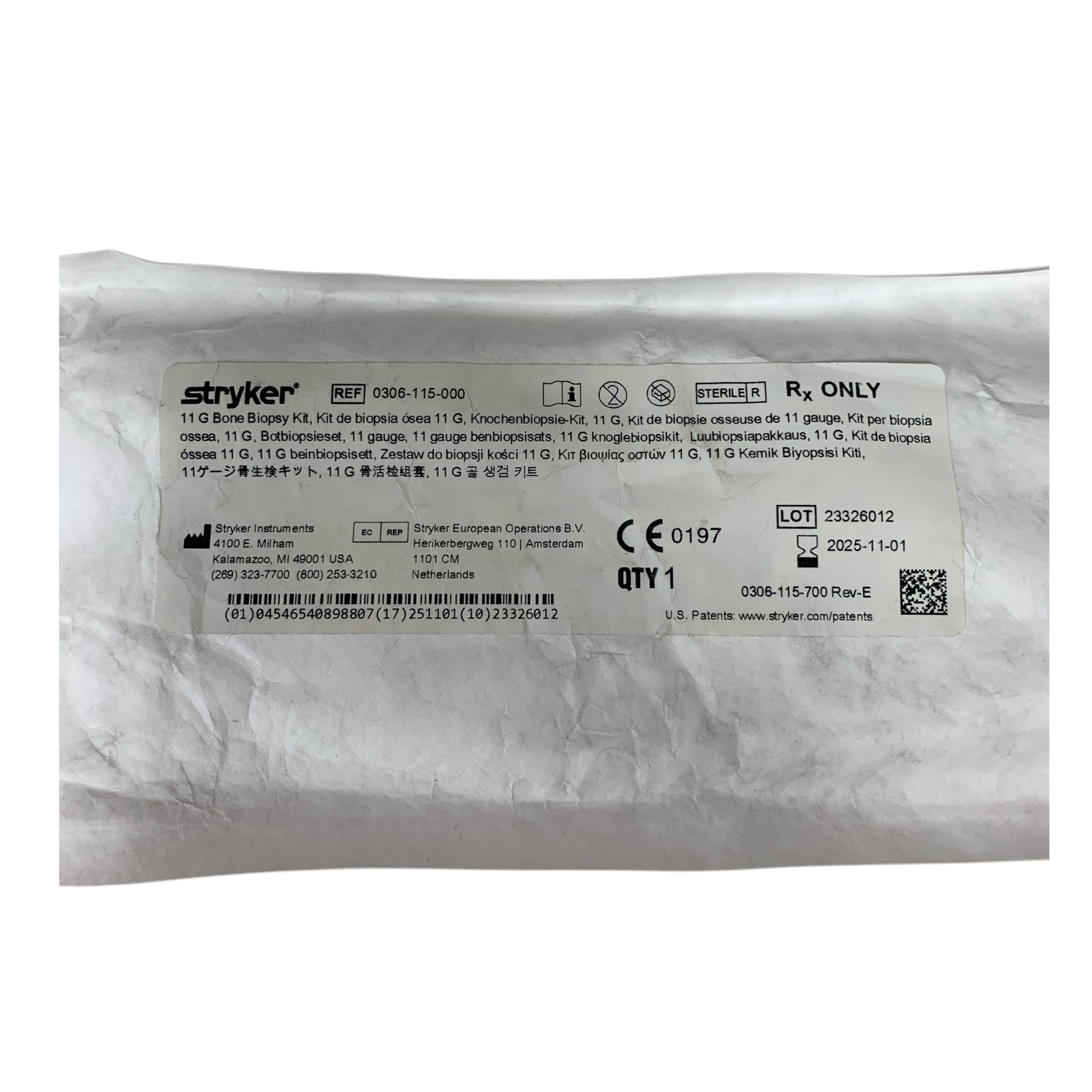 STRYKER REF 0306-115-000 11 G Bone Biopsy Kit, Exp.2025/11