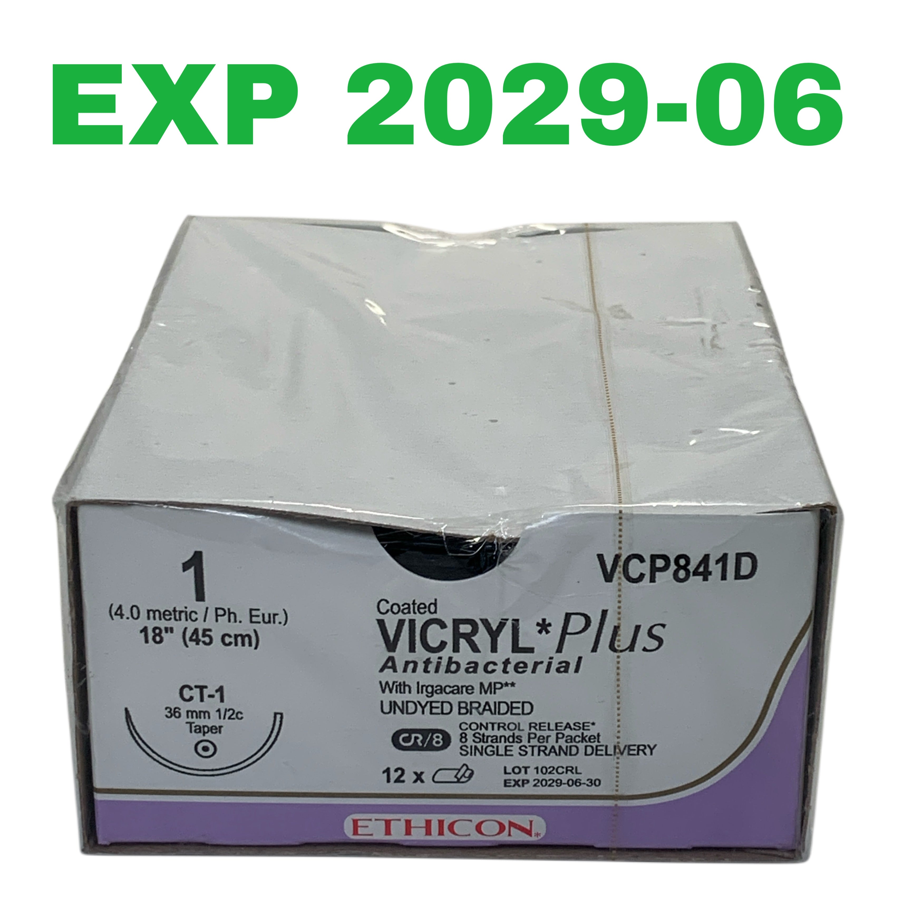ETHICON REF VCP841D Coated VICRYL Plus Antibacterial Suture, Size 1, CT-1 Needle 18'', Box of 12, Exp.2029/06