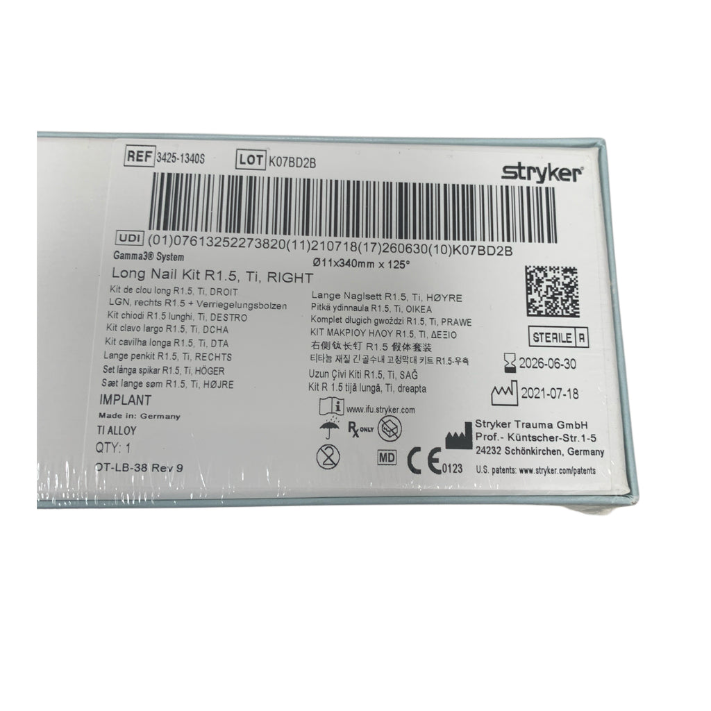 STRYKER 3425-1340S Gamma3 System Long Nail Kit R1.5 Ti Right 11x340mm x 125 Exp 2026 06