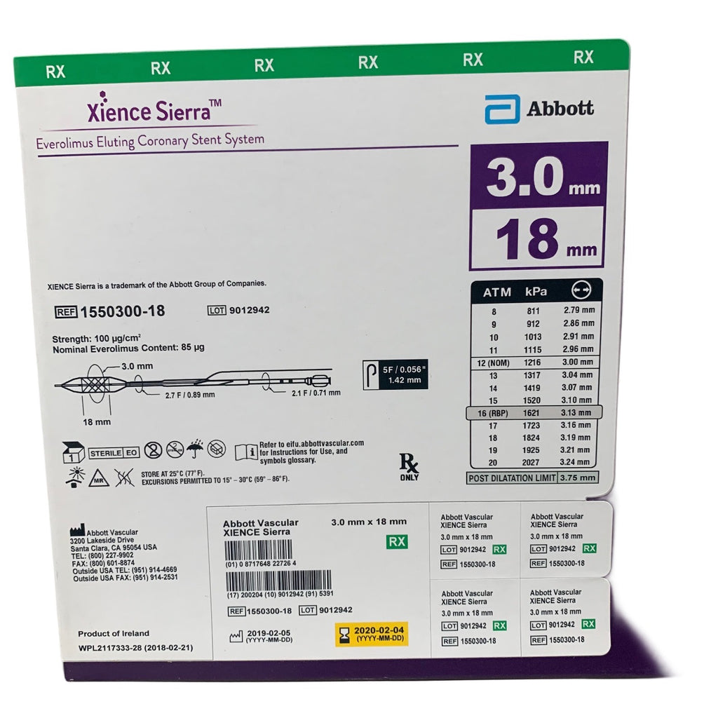 ABBOTT 1550300-18 Xience Sierra Everolimus Eluting Coronary Stent System 3.0mm x 18mm Exp 2020 02