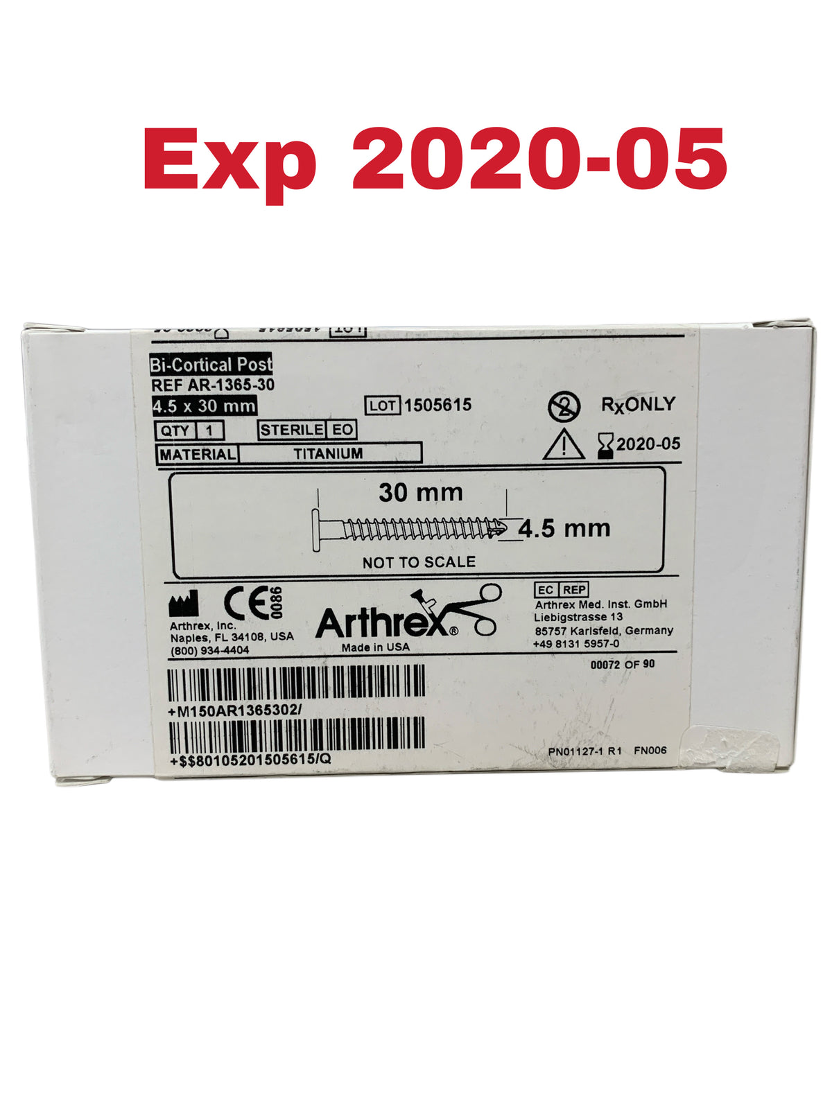 ARTHREX AR-1365-30 Bi Cortical Post 4.5 x 30 mm Exp 2020 05