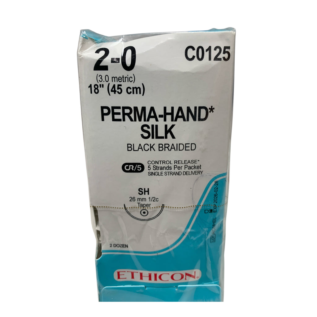 ETHICON REF C0125 Perma-Hand Silk Suture 2-0 Black Braided 18" SH Needle Box of 24, Exp.2026/02