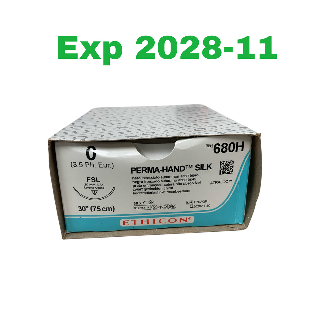 ETHICON 680H 0 3.5 Ph. Eur. PERMA-HAND SILK black braided non-absorbable suture FSL 30 mm 3/8c 30'' box of 36 EXP 2028 11