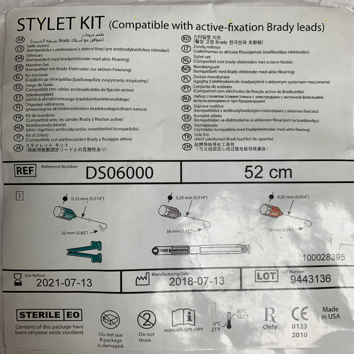 ST JUDE MEDICAL DS06000 Stylet Kit Compatible with Active Fixation Brady Leads 52 cm  EXP 2021 07