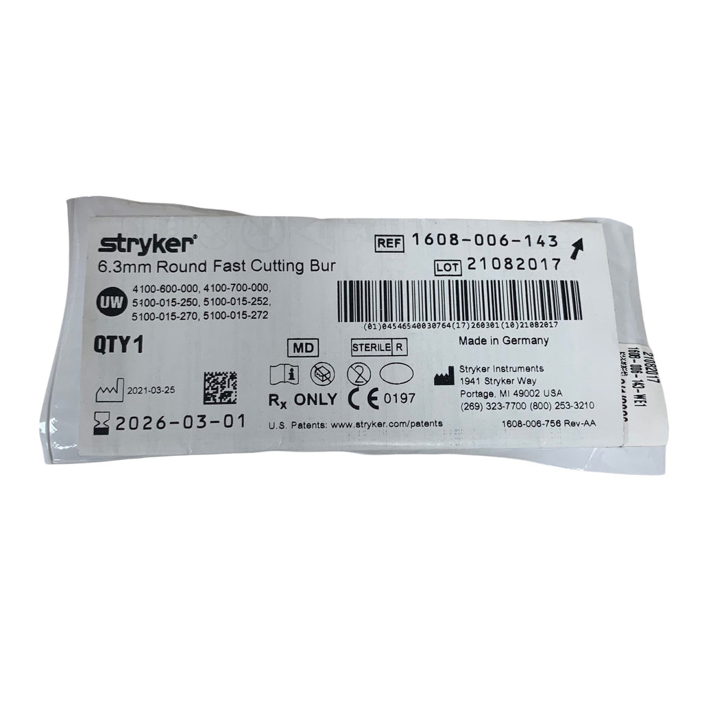 STRYKER 1608-006-143 6.3mm Round Fast Cutting Bur Exp 2026 03