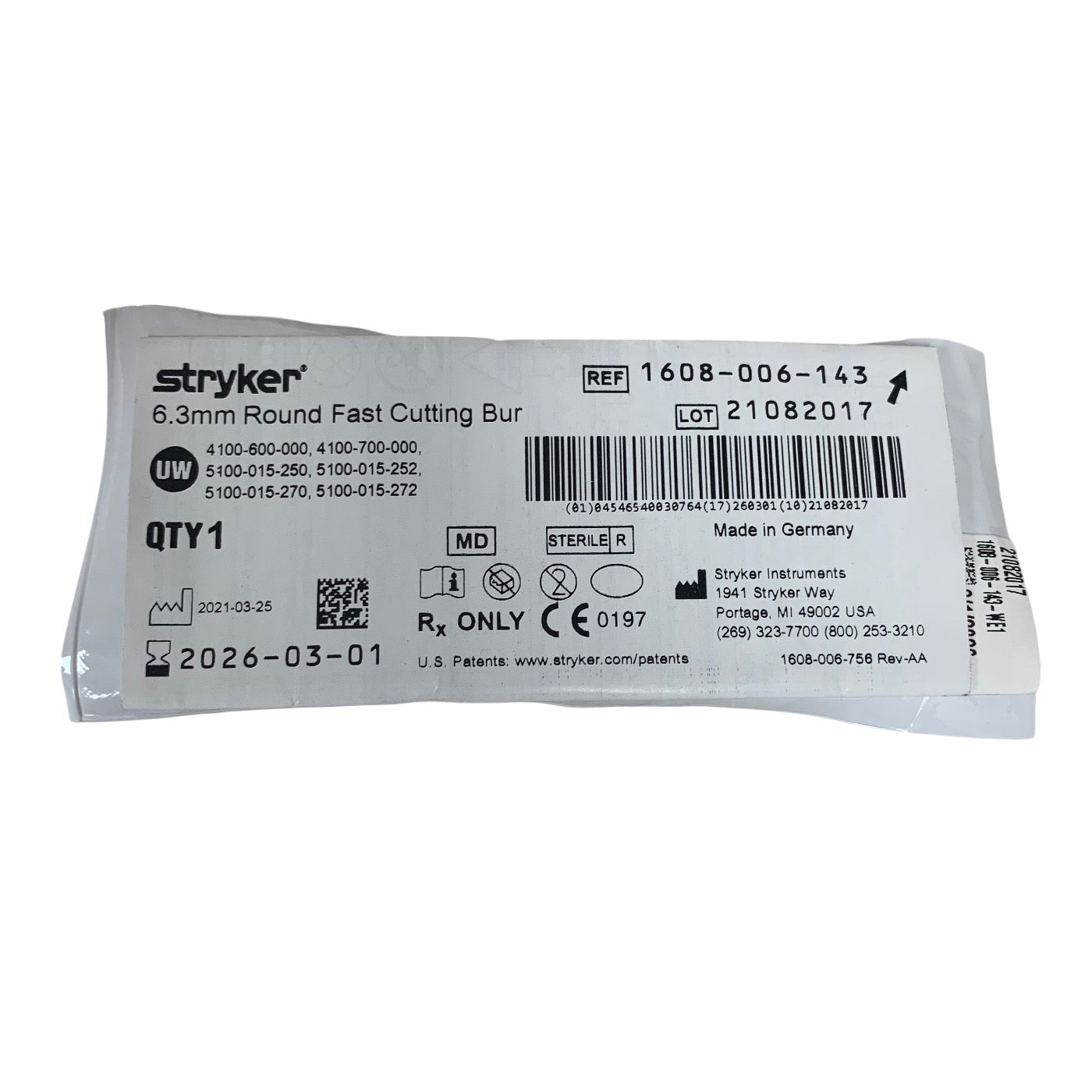 STRYKER 1608-006-143 6.3mm Round Fast Cutting Bur Exp 2026 03