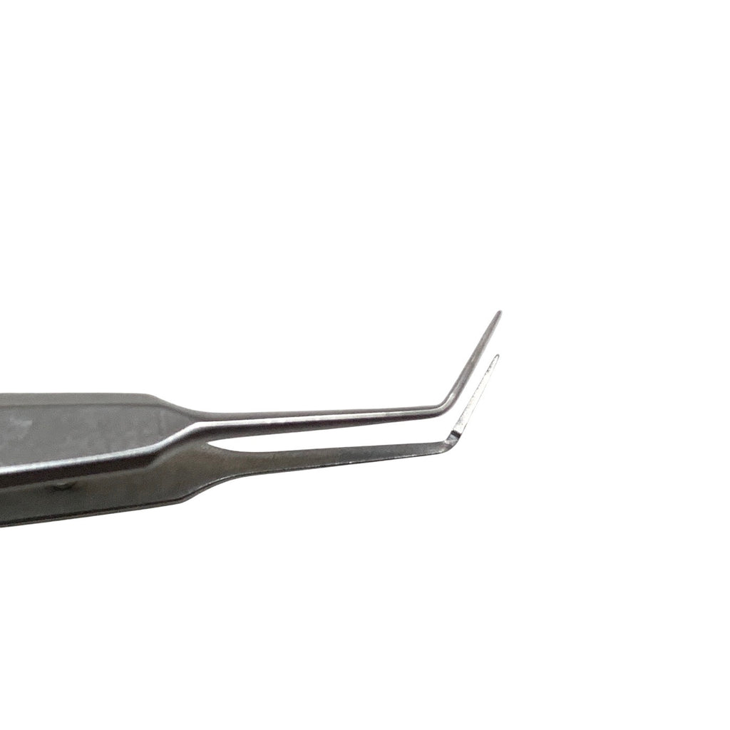 AMBLER REF 2445E McPherson tying forceps 3 3/8'',angled shafts, 4.0mm from bend to tip, 4.0mm tying platforms, narrow serrated flat handle