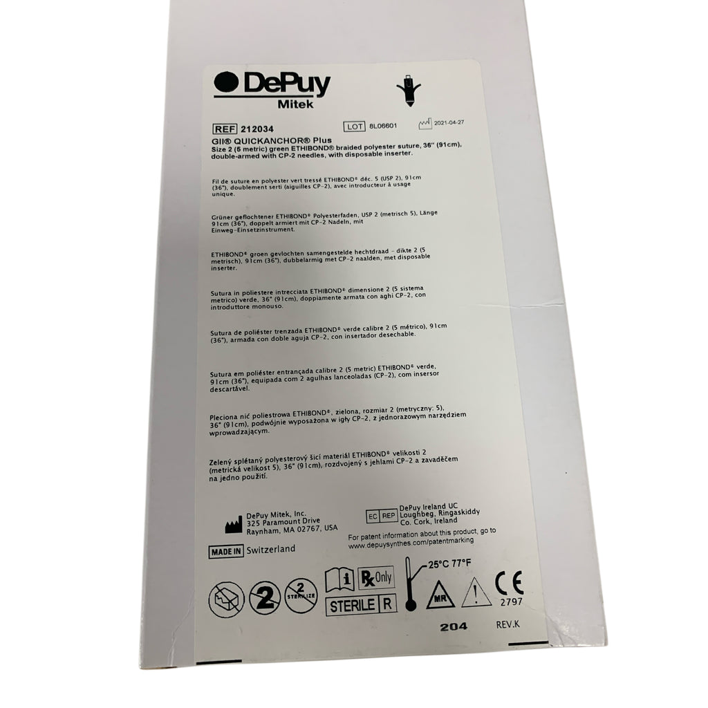 DEPUY MITEK 212034 GII Quickanchor Plus Size 2 Green Ethibond Suture 36" Exp 2026 03