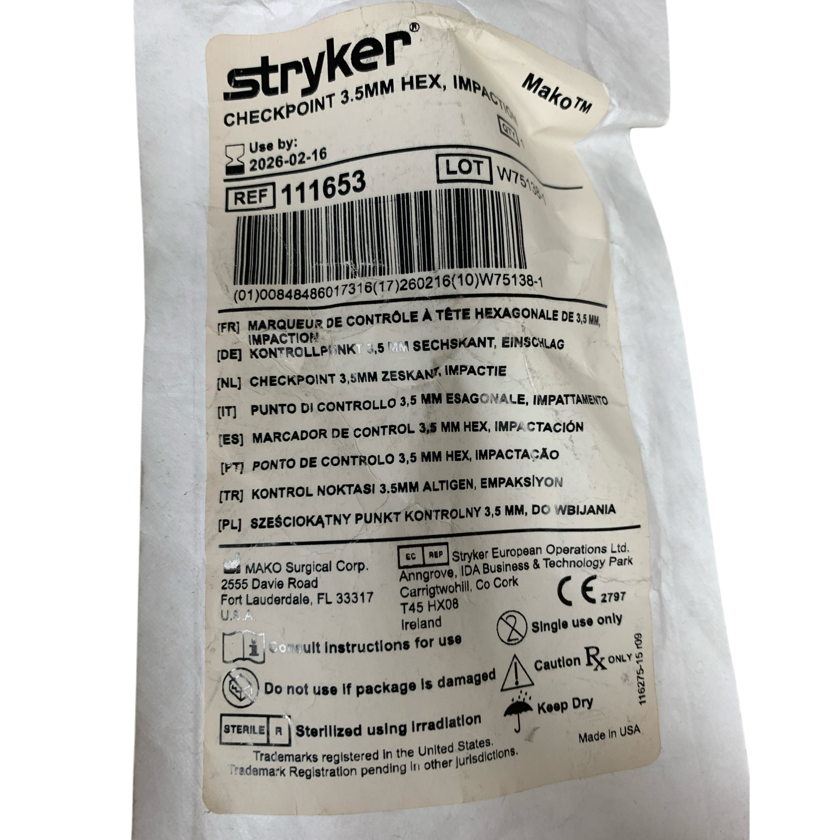 STRYKER REF 111653 Mako Checkpoint 3.5mm Hex Impaction Exp.2026/02