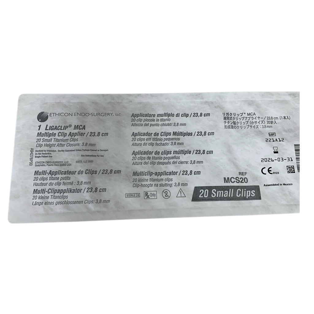ETHICON ENDO-SURGERY MCS20 LIGACLIP MCA Multiple Clip Applier 23 8 cm 20 Small Titanium Clips Clip Height After Closure 3.8 mm Exp 2026 03