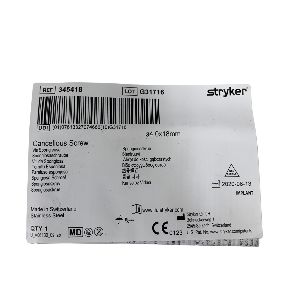 STRYKER 345418 Cancellous Screw 4.0x18mm