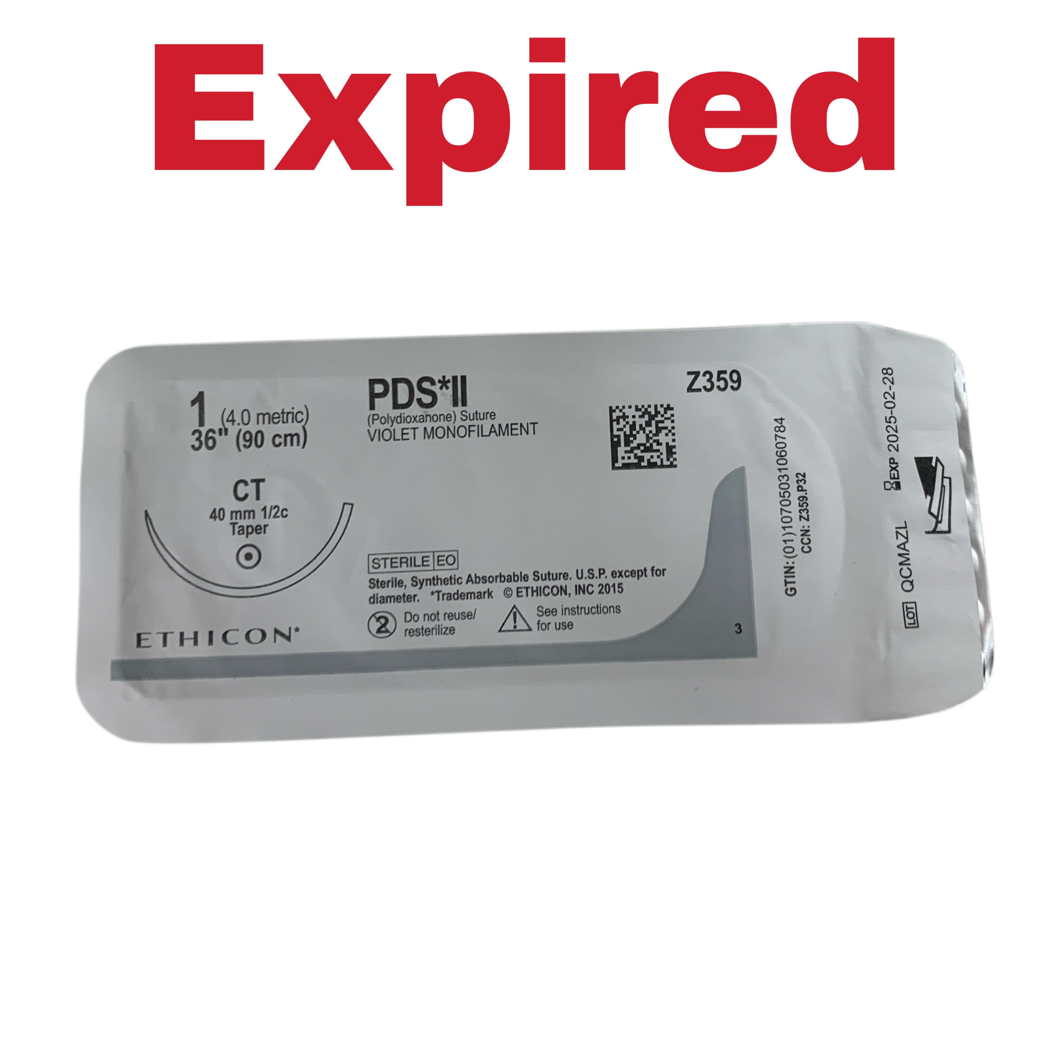 ETHICON REF Z359T PDS II Polydioxanone Violet Monofilament Absorbable Suture Size 1 36" 90cm CT Needle, Exp.2025/02