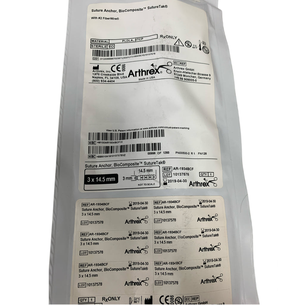 ARTHREX AR-1934BCF Suture Anchor BioComposite SutureTak With 2 FiberWire 3 x 14.5 mm Exp 2019 04