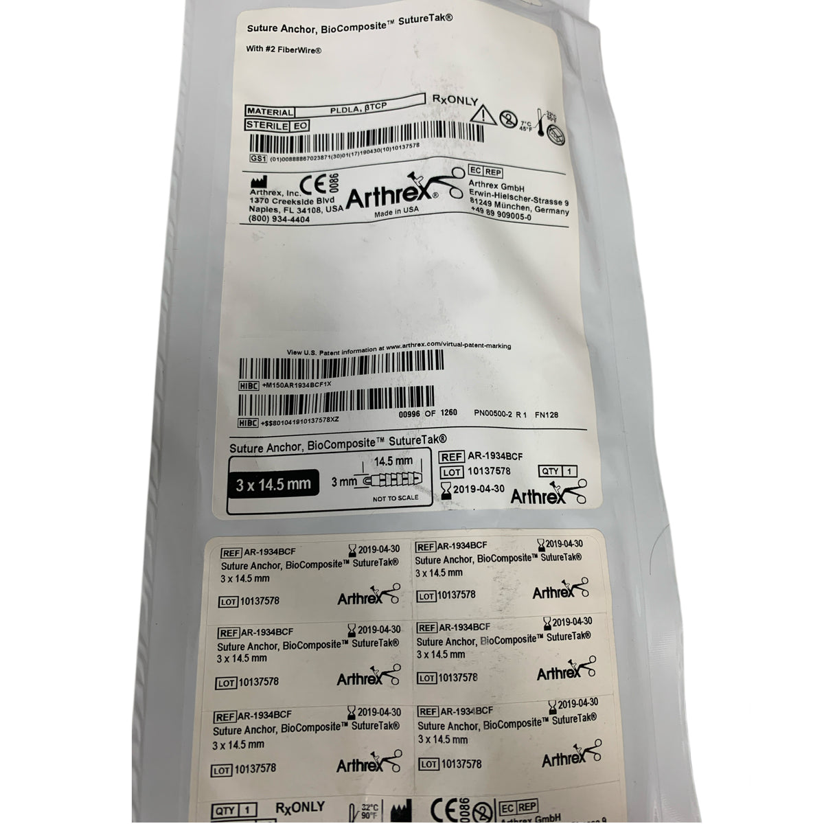ARTHREX AR-1934BCF Suture Anchor BioComposite SutureTak With 2 FiberWire 3 x 14.5 mm Exp 2019 04