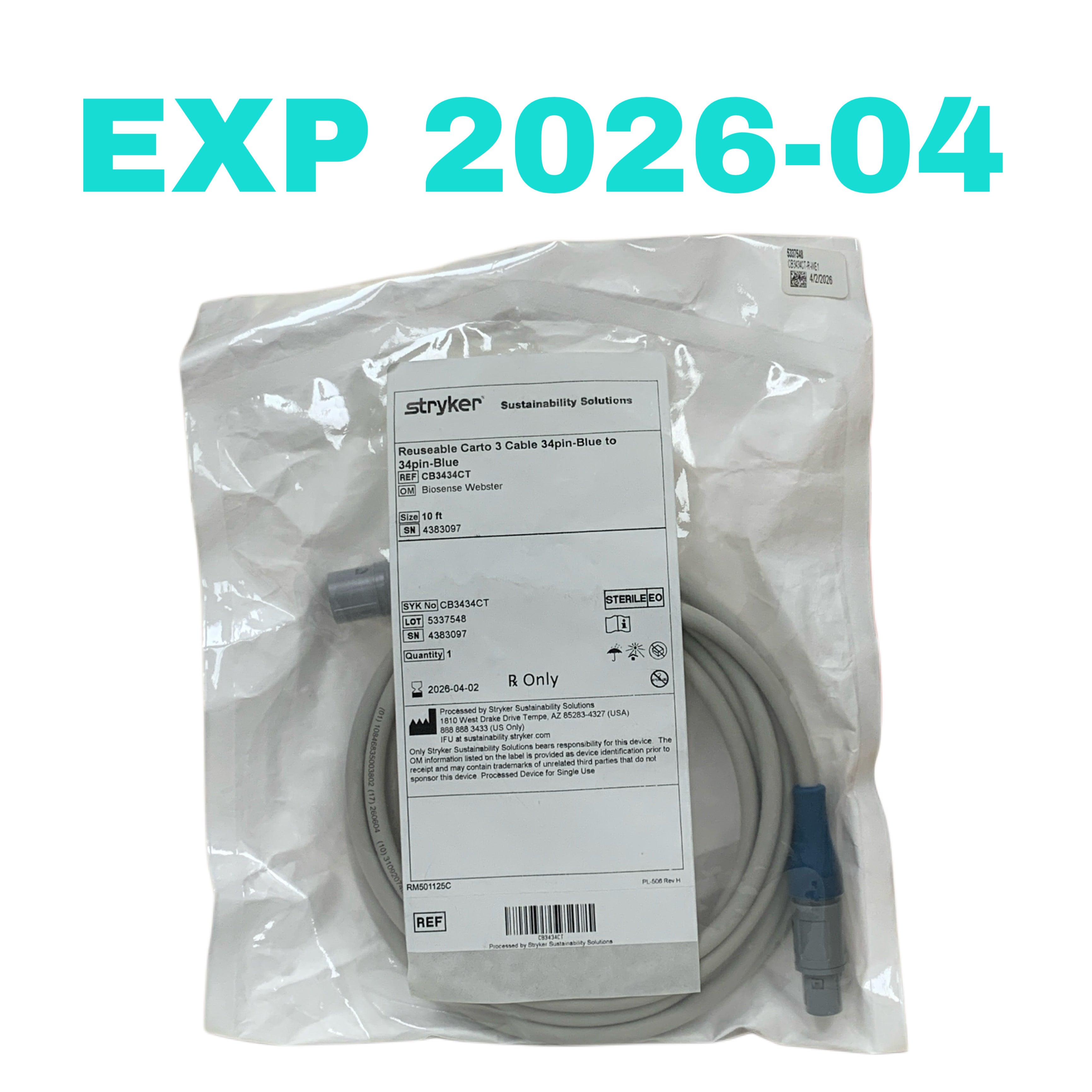 STRYKER REF CB3434CT Reusable Carto 3 Cable 34-Pin Blue to 34-Pin Blue 10ft, EXP.2026/04