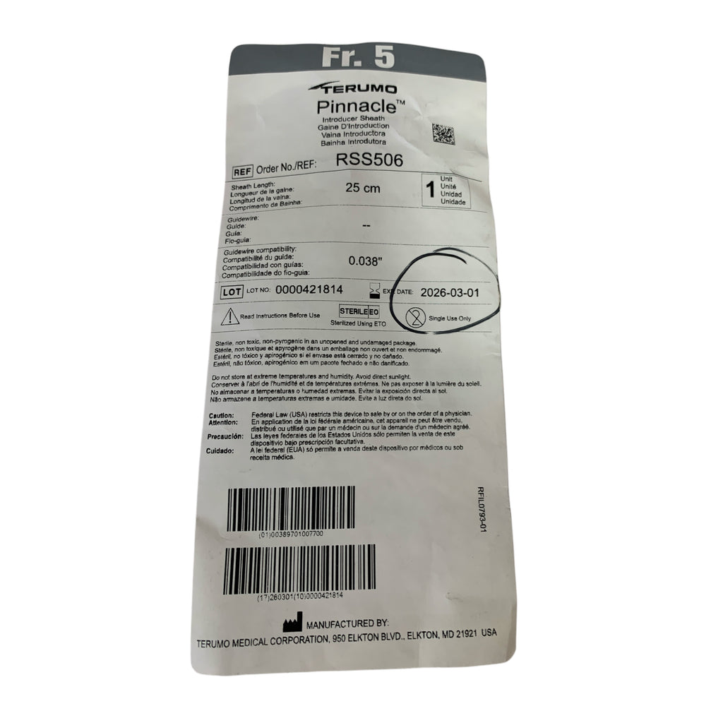 TERUMO RSS506 Pinnacle Introducer Sheath Fr 5 25 cm 0.038 inch Exp 2026 03