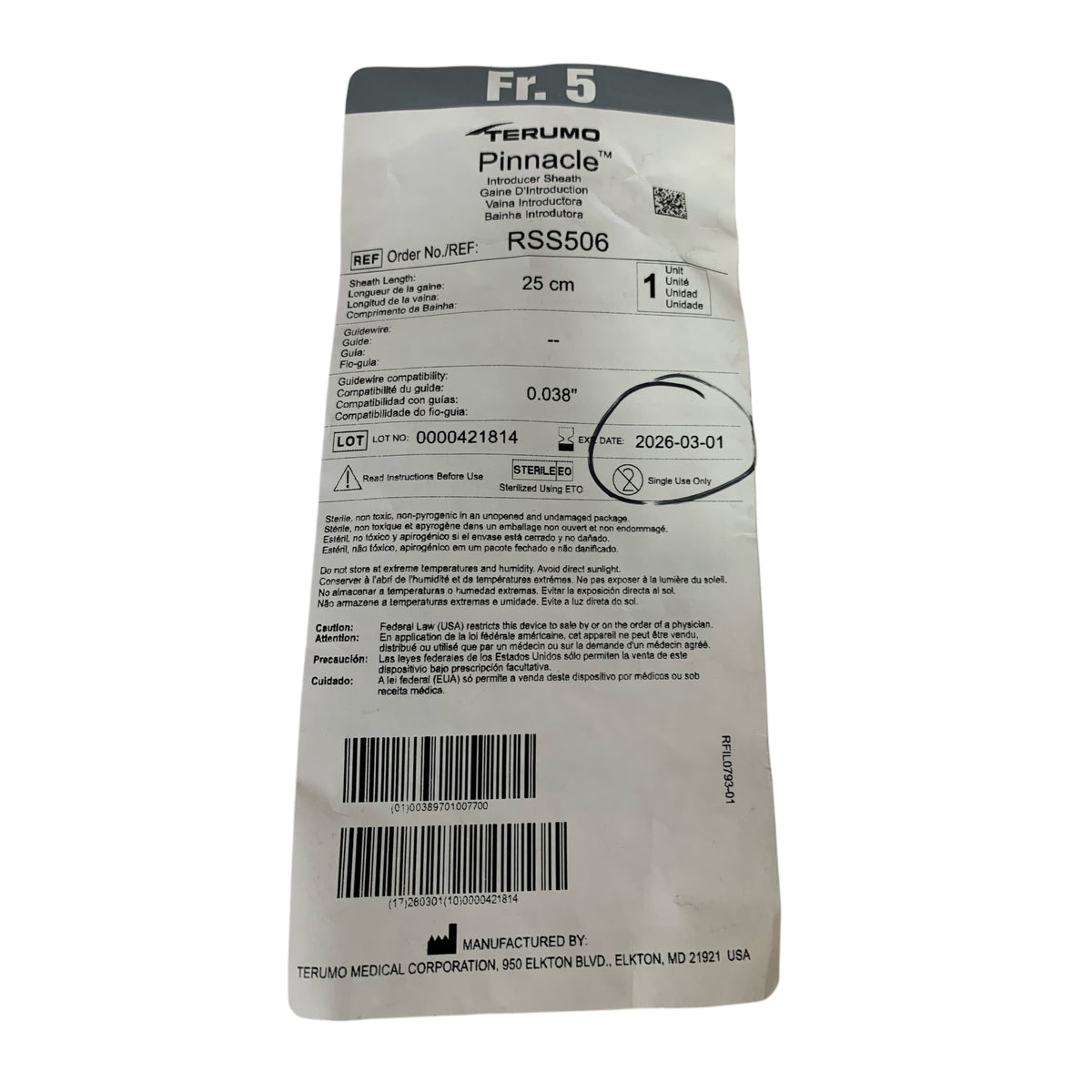 TERUMO RSS506 Pinnacle Introducer Sheath Fr 5 25 cm 0.038 inch Exp 2026 03