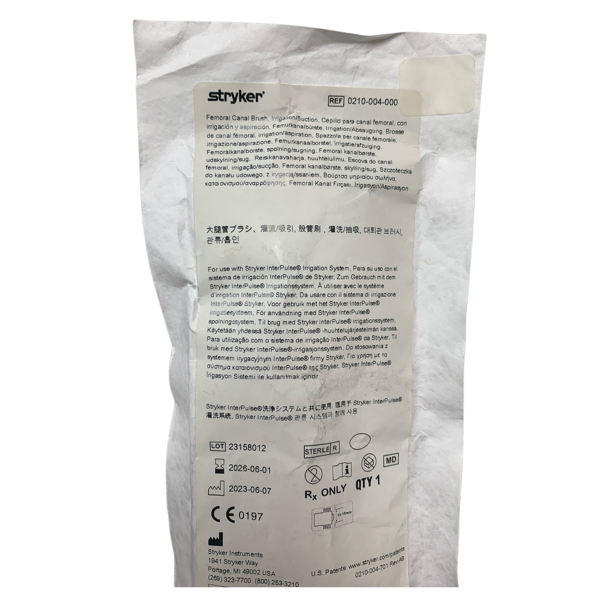 STRYKER 0210-004-000 Femoral Canal Brush Irrigation Suction Exp 2026 06