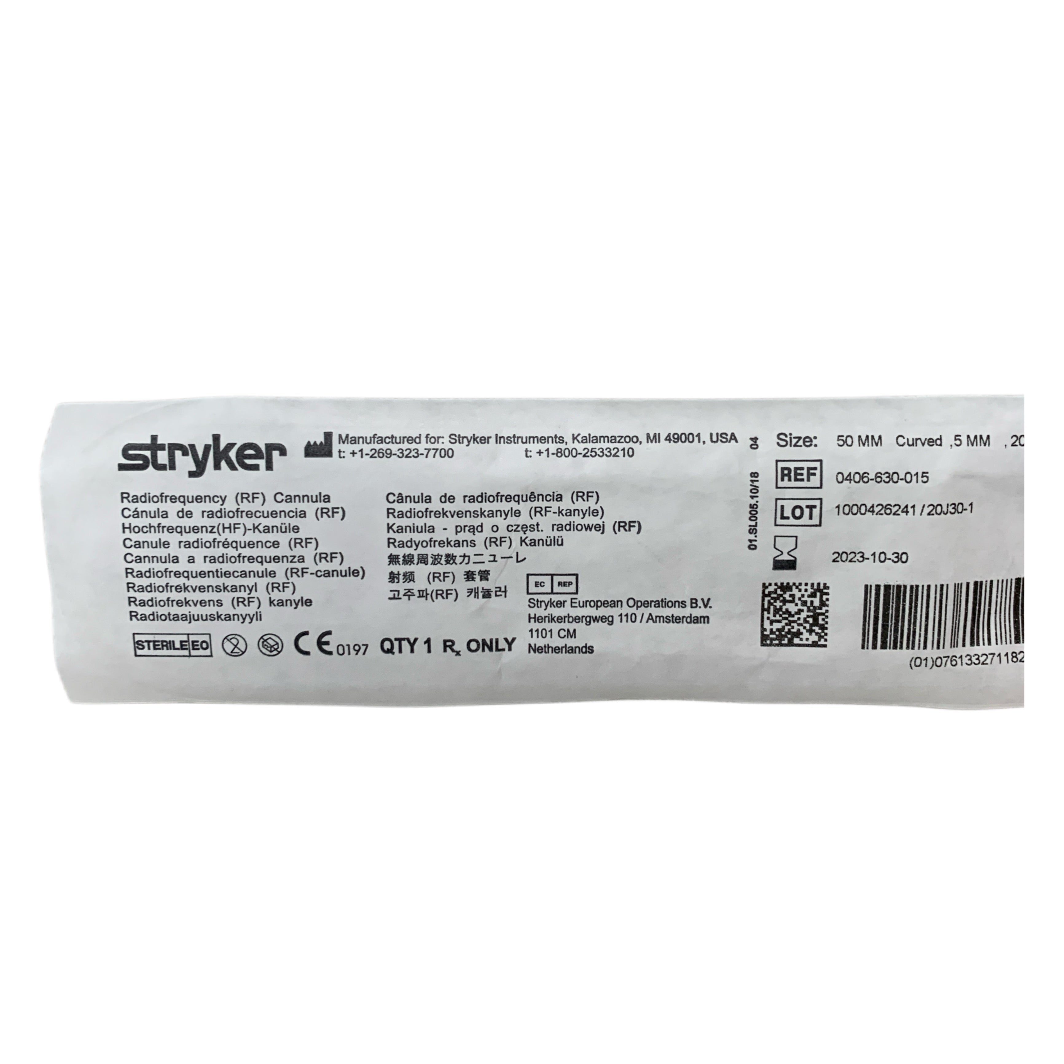 STRYKER REF 0406-630-015 Radiofrequency (RF) Cannula 50mm Curved, Exp.2023/10