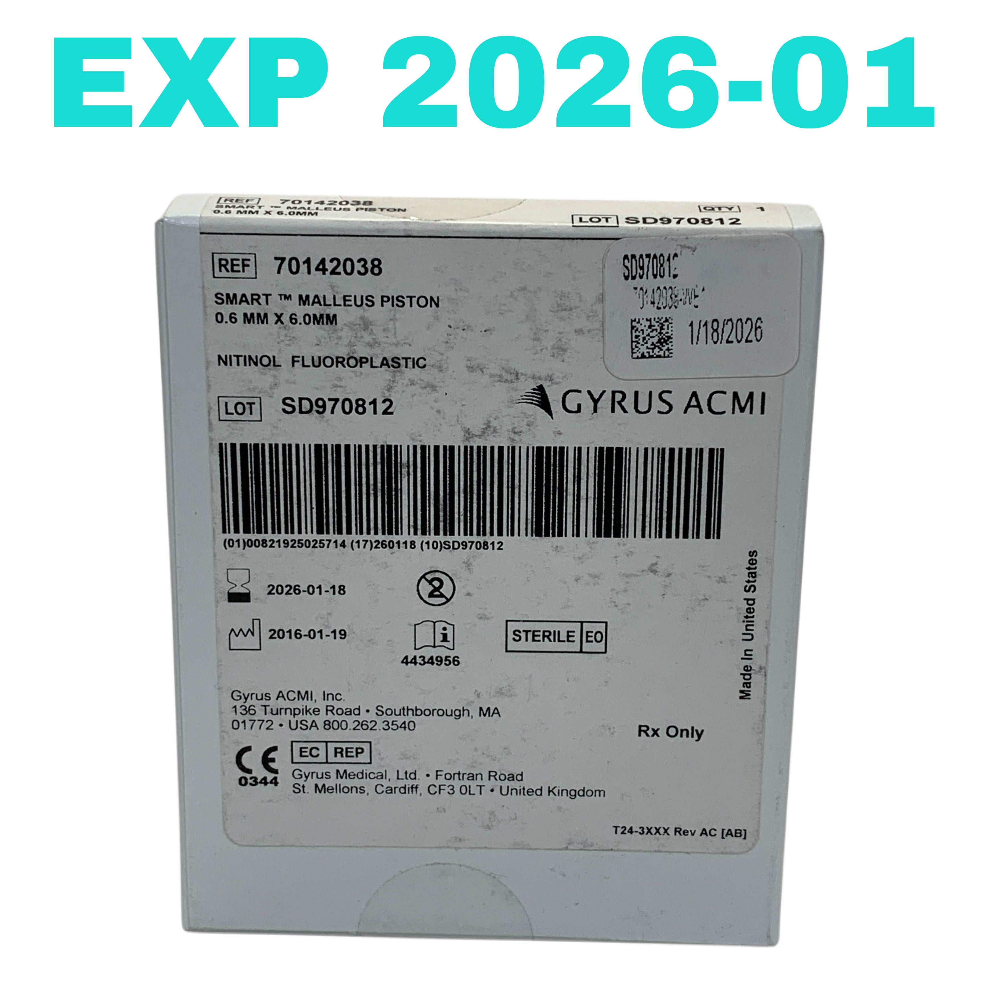 GYRUS ACMI REF 70142038 Smart Malleus Piston 0.6mm x 6.0mm Nitinol Fluoroplastic, EXP.2026/01