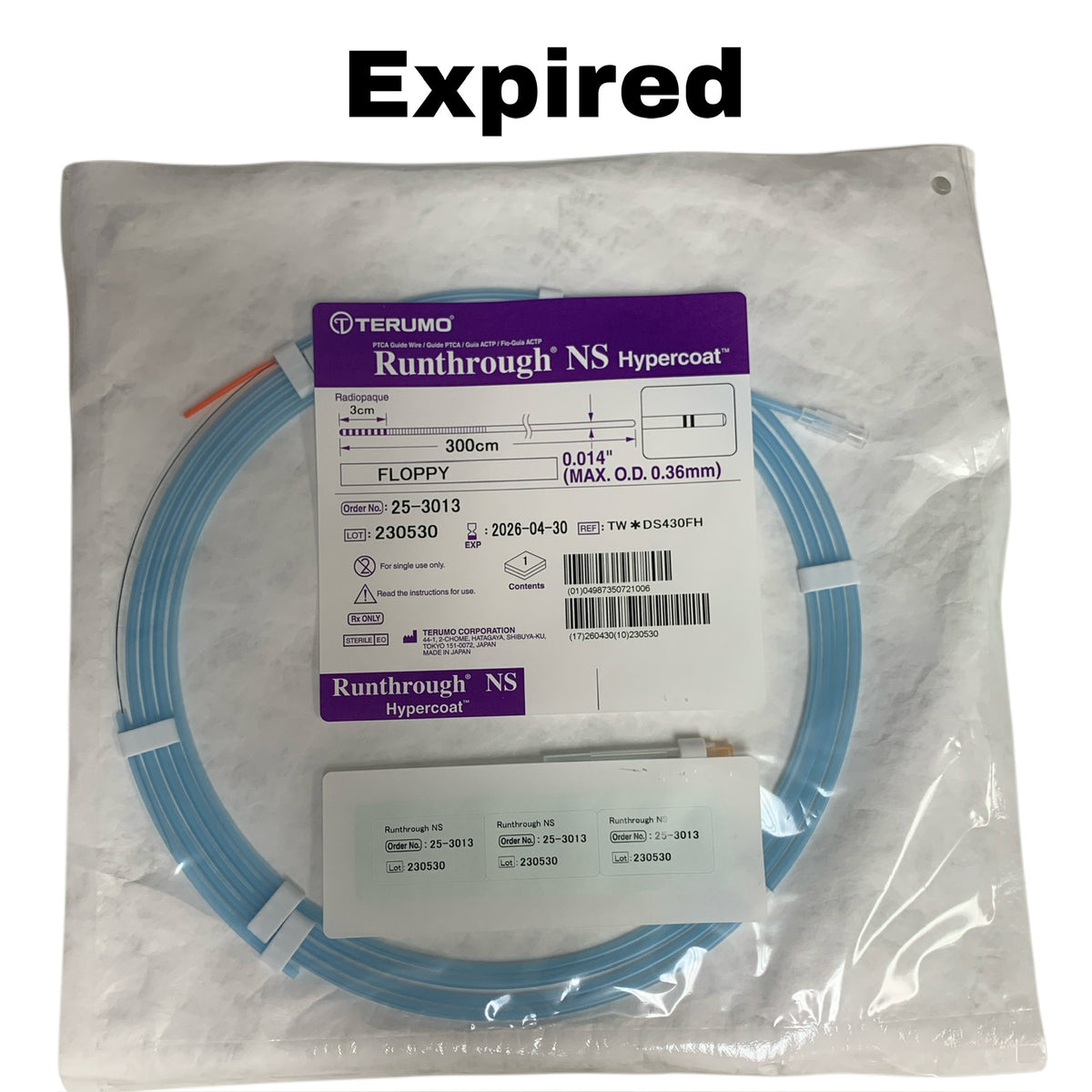 TERUMO 25-3013 Runthrough NS Hypercoat PTCA Guide Wire Floppy 300cm 0.014" EXP 2026 04