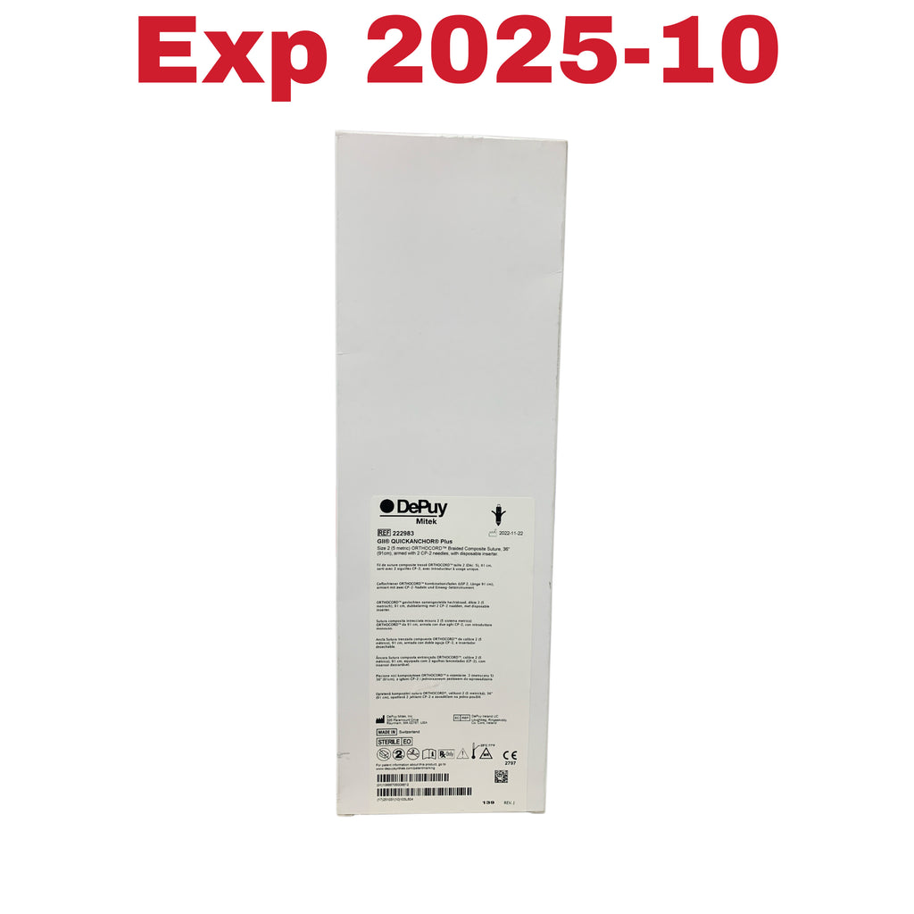 DEPUY MITEK 222983 GII Quickanchor Plus Size 2 Orthocord Braided Composite Suture 36" Exp 2025 10