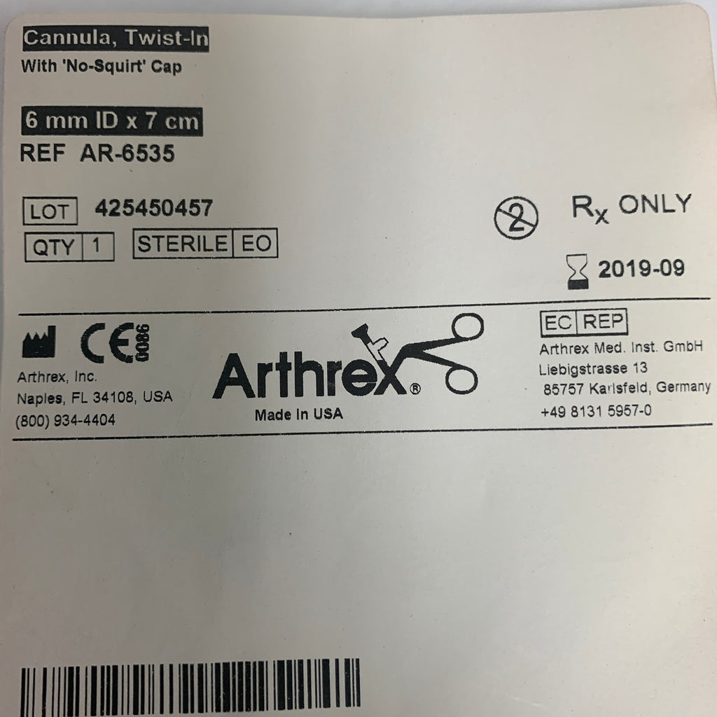 ARTHREX AR-6535 Cannula Twist In With No Squirt Cap 6 mm ID x 7 cm EXP 2019 09