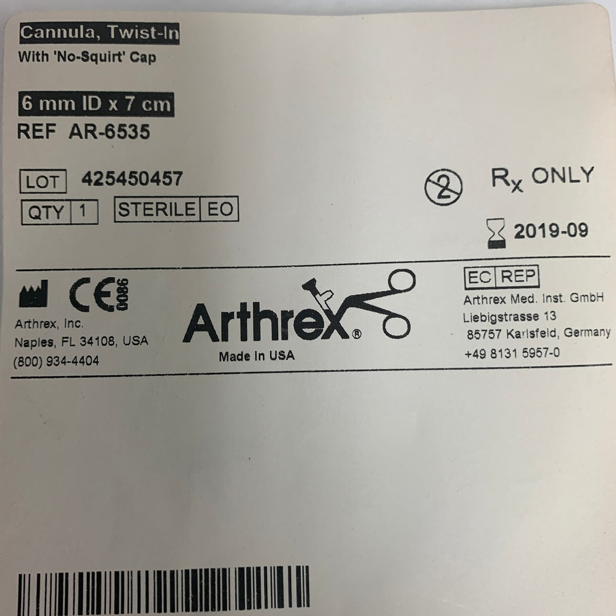 ARTHREX AR-6535 Cannula Twist In With No Squirt Cap 6 mm ID x 7 cm EXP 2019 09