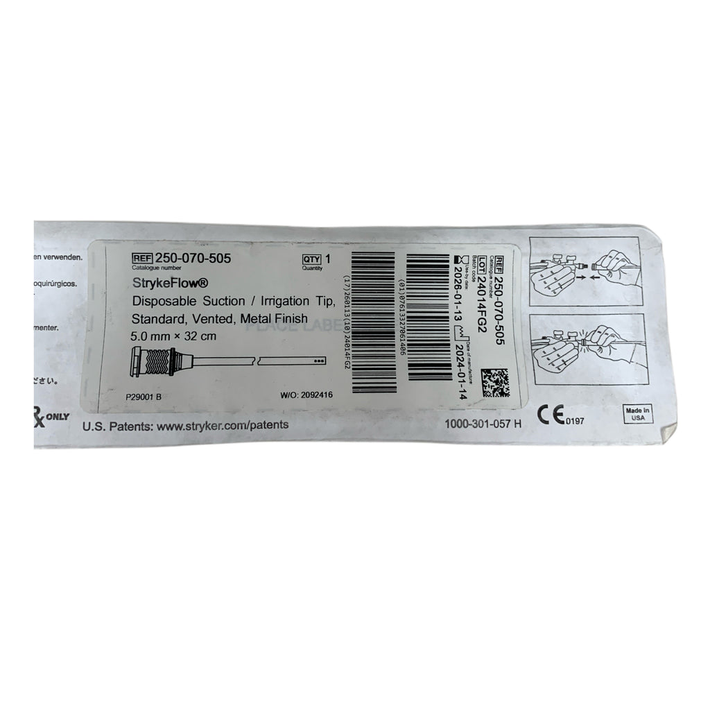 STRYKER REF 250-070-505 StrykeFlow Disposable Suction Irrigation Tip Standard Vented Metal Finish 5.0 mm x 32 cm Exp 2026 01
