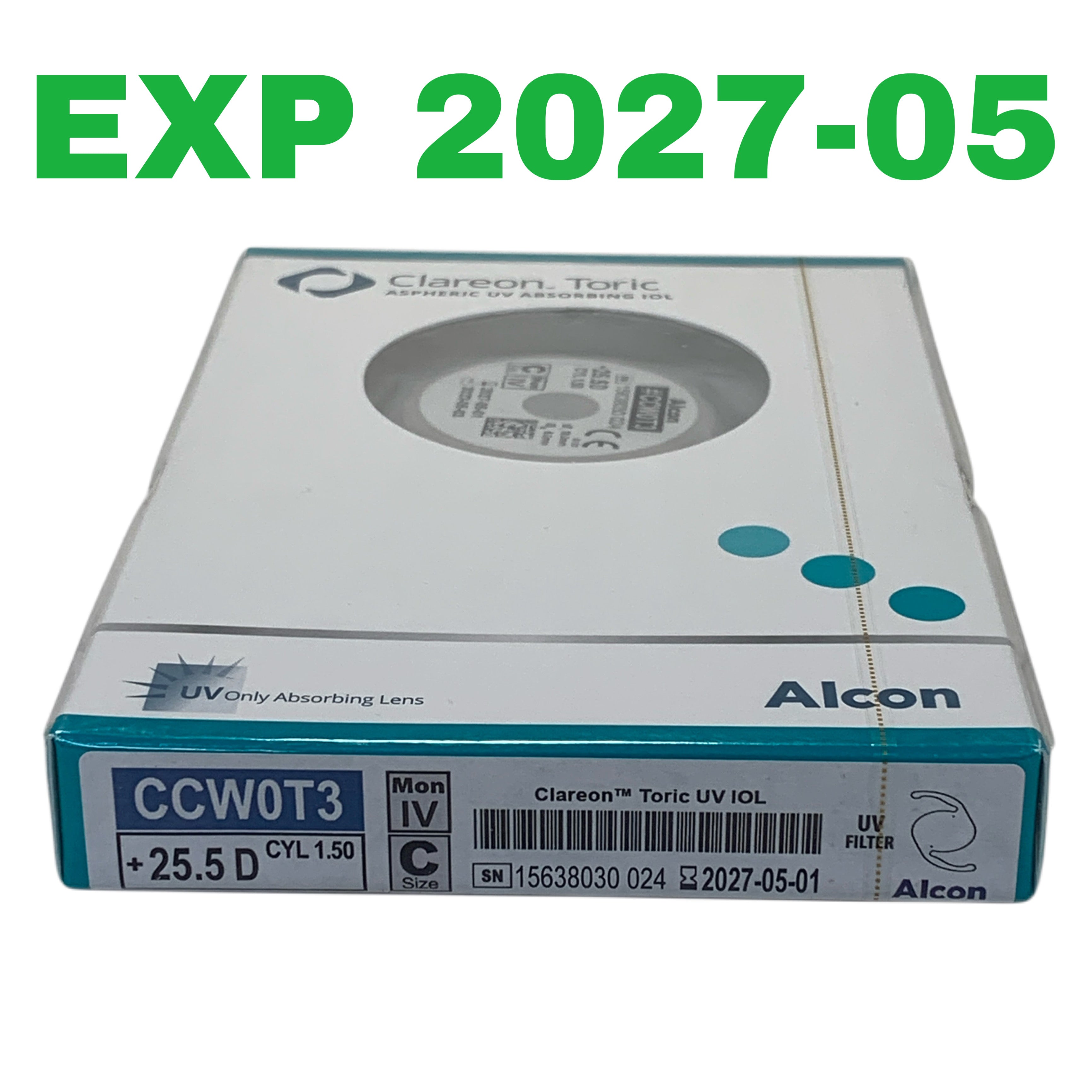 ALCON REF CCW0T3 Clareon Toric UV Absorbing Intraocular Lens IOL +25.5 D CYL 1.50, Exp.2027/05
