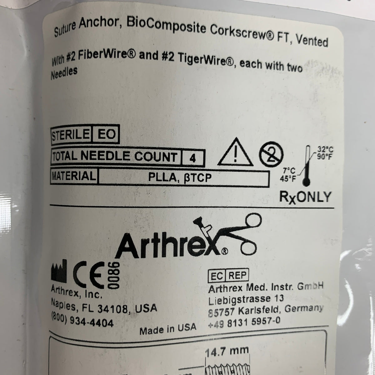 ARTHREX AR-1927BCNF BioComposite Corkscrew FT Vented Suture Anchor 5.5 x 14.7 mm with 2 FiberWire & 2 TigerWire, EXP 2016-05