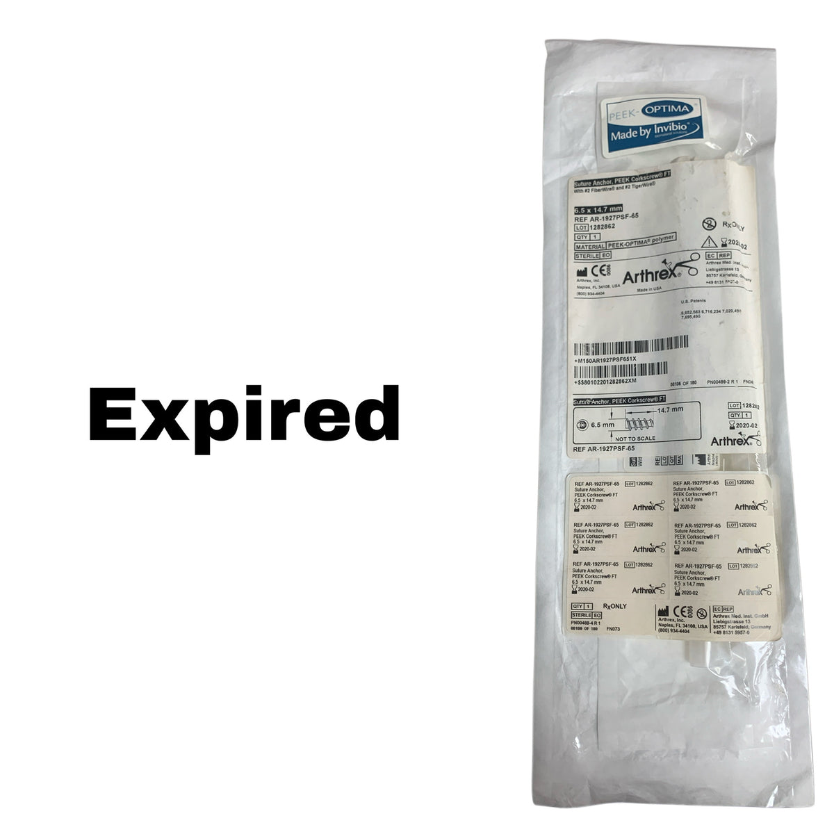 ARTHREX AR-1927PSF-65 PEEK Corkscrew FT Suture Anchor 6.5x14.7mm FiberWire, EXP 2020-02