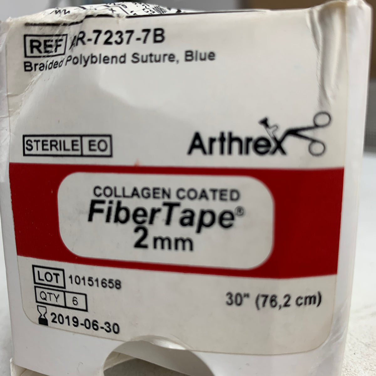 ARTHREX AR-7237-7B Collagen Coated FiberTape 2mm (30 in / 76.2 cm) Blue - Box of 6, EXP 2019-06