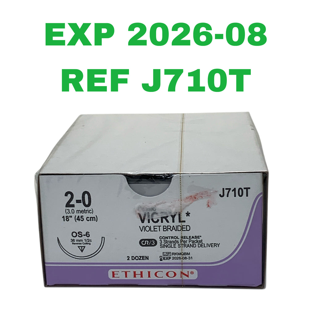 ETHICON REF J710T Coated VICRYL Violet Braided 2-0 Absorbable Suture, OS-6 Reverse Cutting Needle 36mm 1/2c 18" (45cm) BOX OF 24, EXP.2026/08