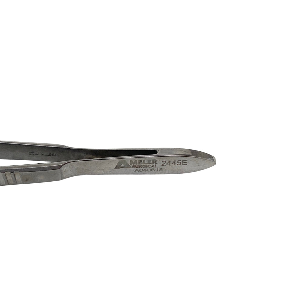 AMBLER REF 2445E McPherson tying forceps 3 3/8'',angled shafts, 4.0mm from bend to tip, 4.0mm tying platforms, narrow serrated flat handle