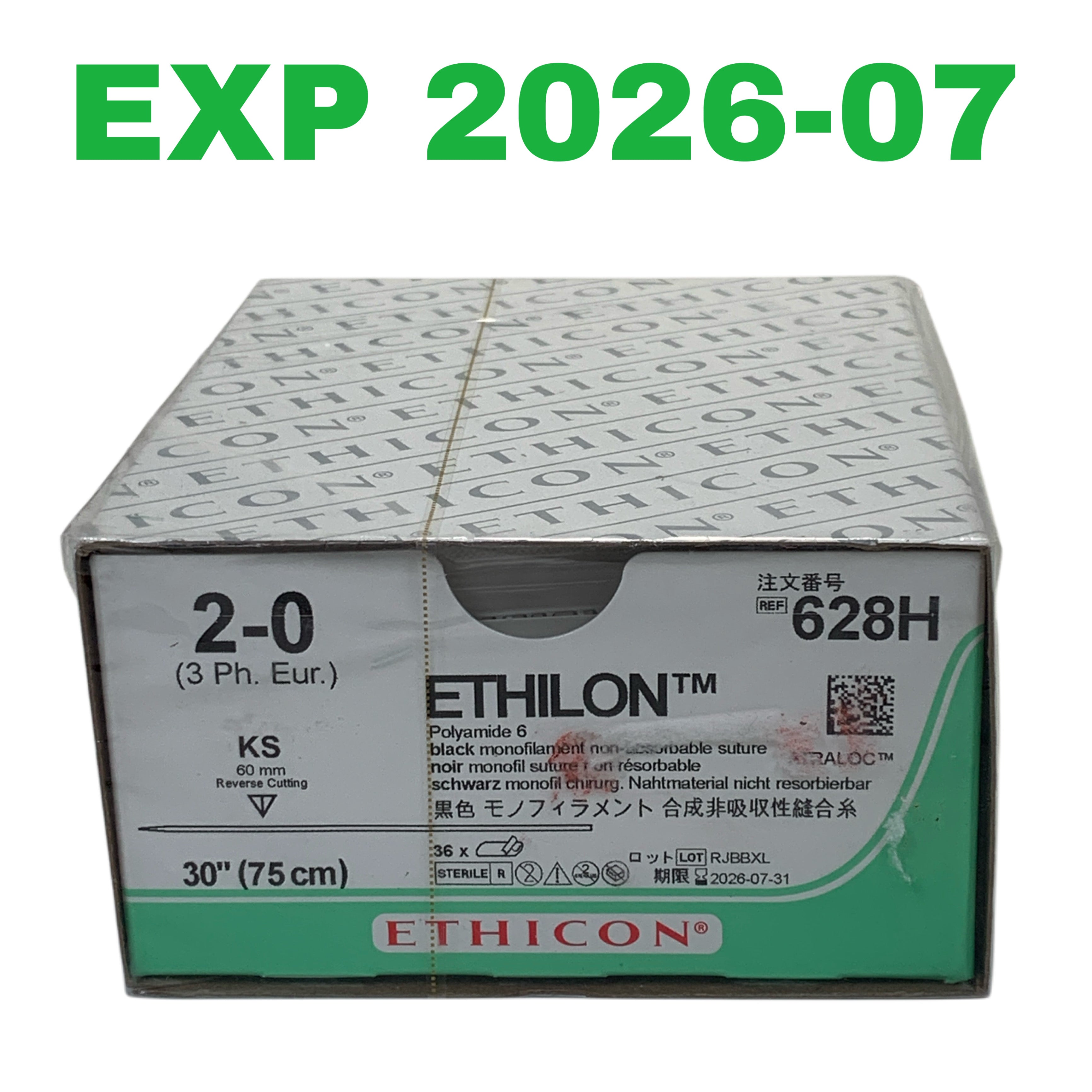ETHICON REF 628H Ethilon 2-0 Nylon Non-Absorbable Surgical Sutures 30", Box of 36, Exp.2026/07