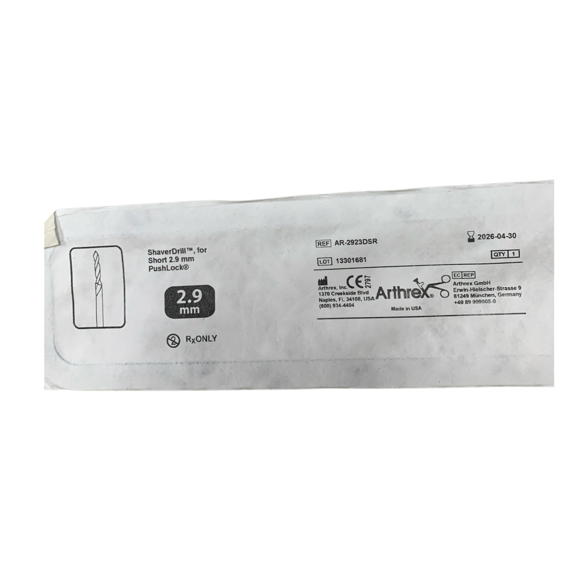 ARTHREX AR-2923DSR ShaverDrill for Short 2.9 mm PushLock Exp 2026 04