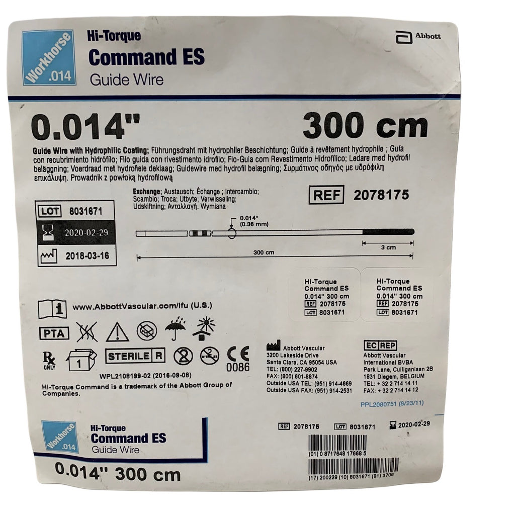 ABBOTT 2078175 Hi-Torque Command ES Guide Wire Hydrophilic Coating Workhorse 0.014 in x 300 cm Exp 2020 02
