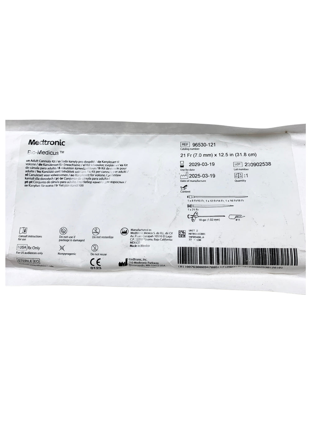 MEDTRONIC REF 96530-121 Bio-Medicus Adult Cannula Kit 21 Fr (7.0 mm) x 12.5 in (31.8 cm), Exp.2029-03