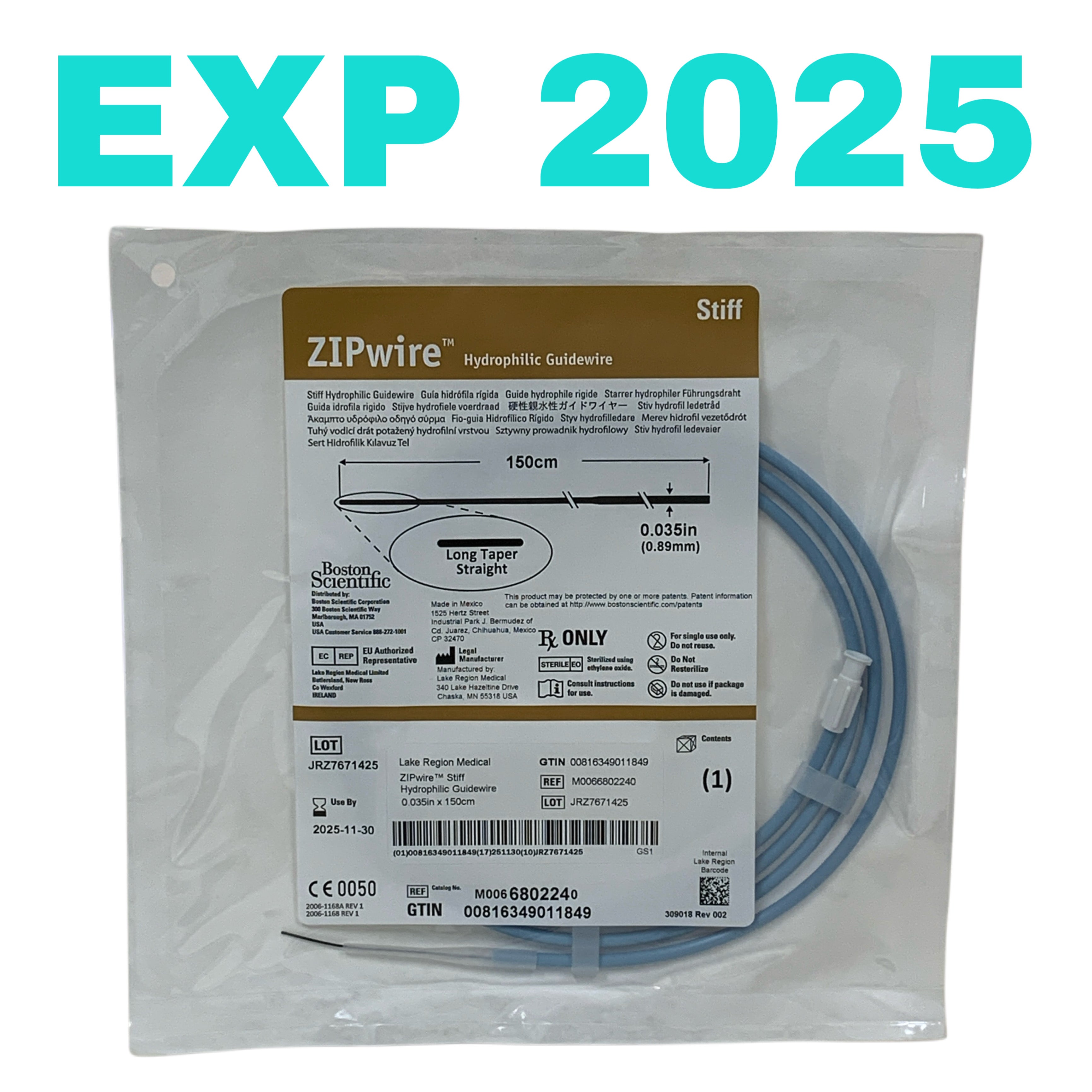 BOSTON SCIENTIFIC REF M0066802240 ZIPwire Stiff Hydrophilic Guidewire 0.035in x 150cm Long Taper Straight, Exp.2025/11