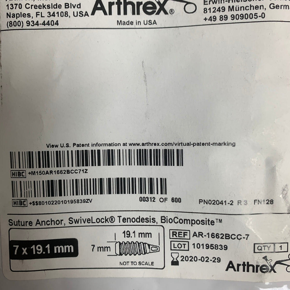 ARTHREX AR-1662BCC-7 BioComposite SwiveLock Tenodesis Suture Anchor 7x19.1mm, EXP 2020-02