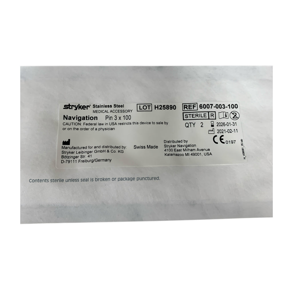 STRYKER REF 6007-003-100 Stainless Steel Navigation Pin 3 x 100 Medical Accessory, Exp.2026/01