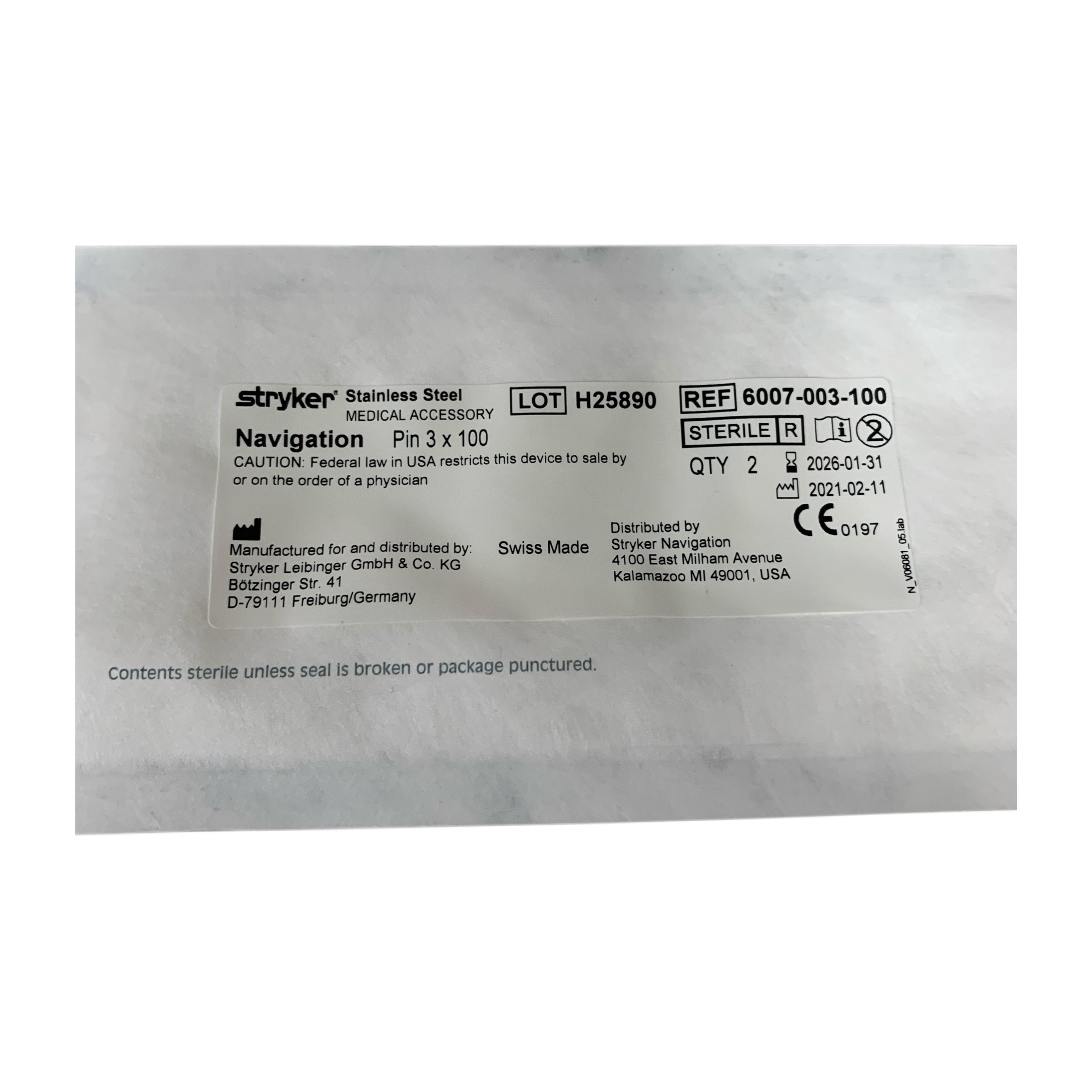 STRYKER REF 6007-003-100 Stainless Steel Navigation Pin 3 x 100 Medical Accessory, Exp.2026/01