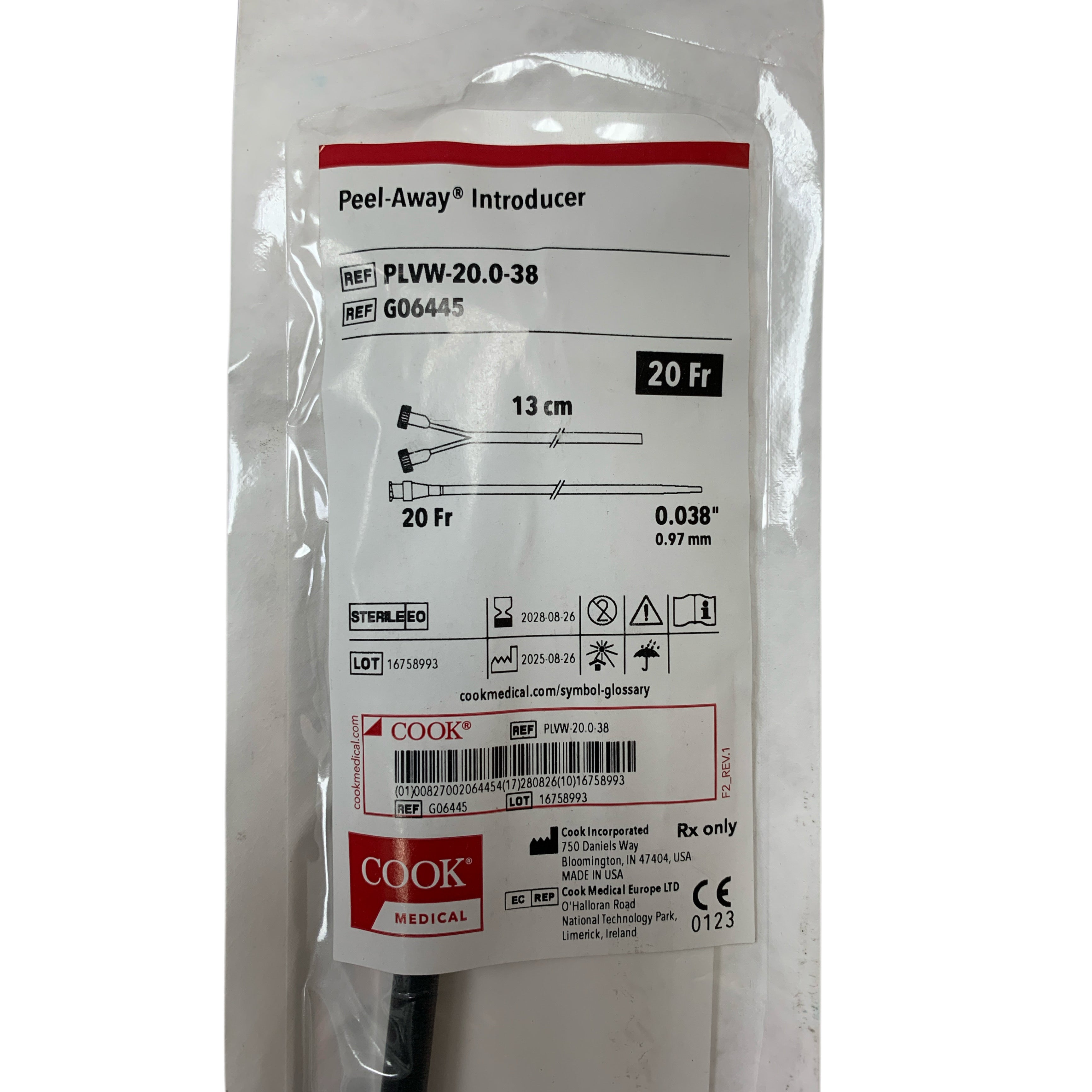COOK MEDICAL REF PLVW-20.0-38 / G06445 Peel-Away Introducer 20 Fr 13 cm 0.038", Exp.2028/08