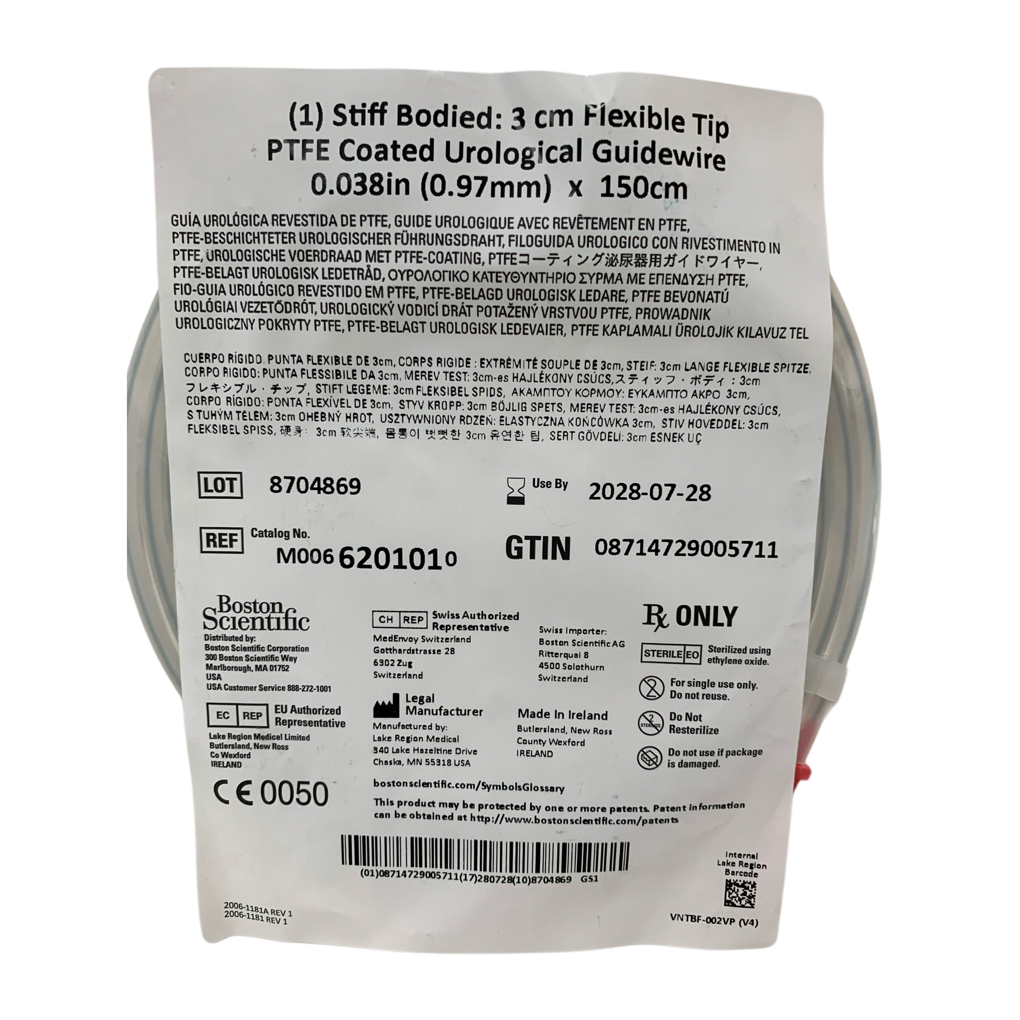 BOSTON SCIENTIFIC REF M0066201010 Stiff Bodied 3cm Flexible Tip PTFE Coated Urological Guidewire 0.038in (0.97mm) x 150cm, Exp.2028/07