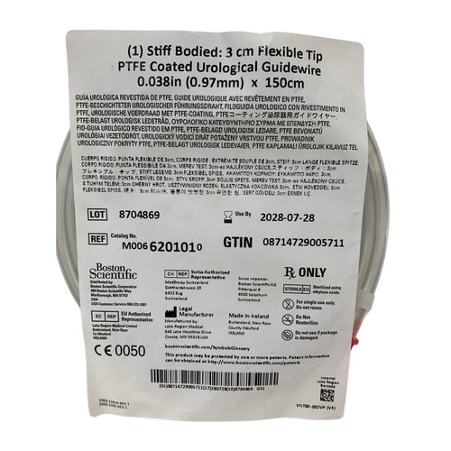BOSTON SCIENTIFIC REF M0066201010 Stiff Bodied 3cm Flexible Tip PTFE Coated Urological Guidewire 0.038in (0.97mm) x 150cm, Exp.2028/07