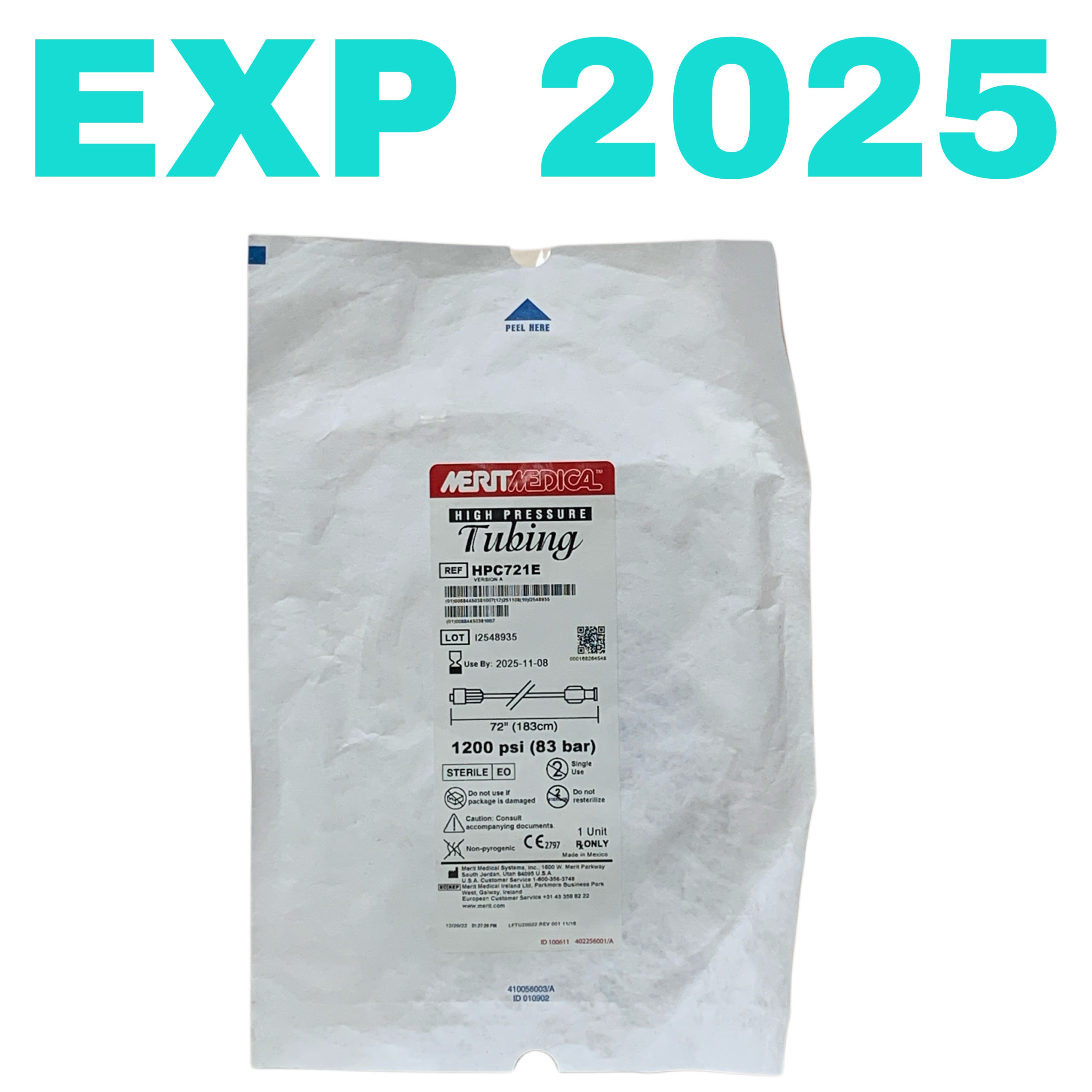 MERIT MEDICAL REF HPC721E High Pressure Tubing 72" 183cm 1200 psi, Exp.2025/11
