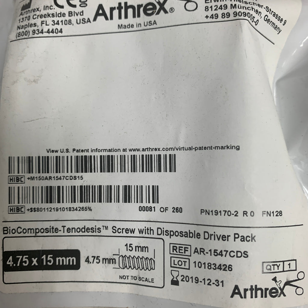 ARTHREX AR-1547CDS BioComposite Tenodesis Screw 4.75 x 15mm with Disposable Driver Pack EXP 2019 12