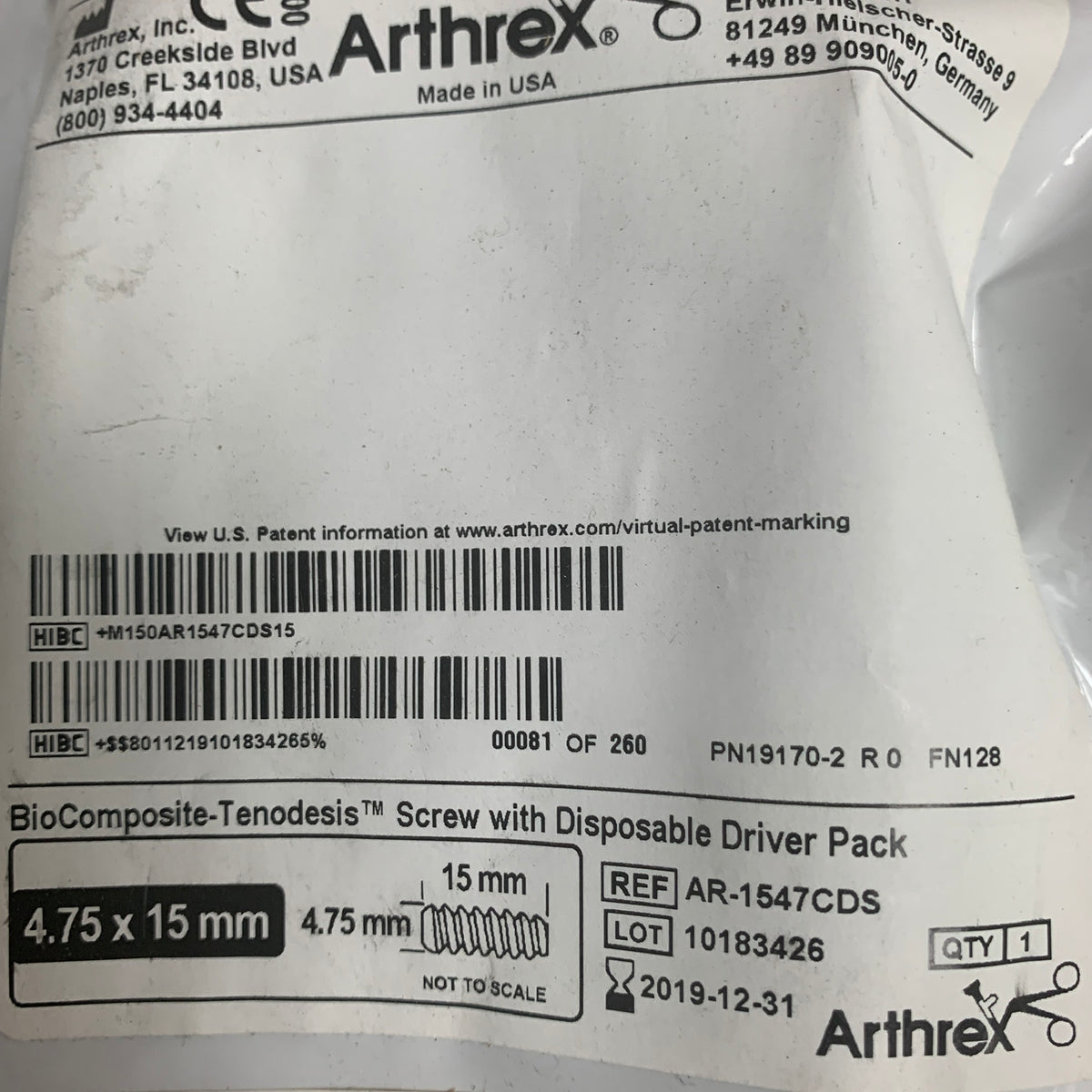ARTHREX AR-1547CDS BioComposite Tenodesis Screw 4.75 x 15mm with Disposable Driver Pack EXP 2019 12