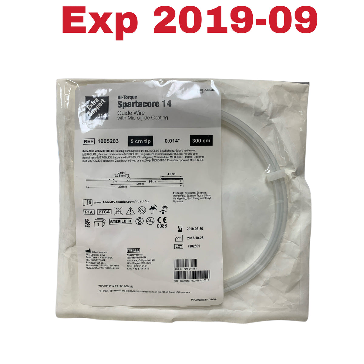 ABBOTT 1005203 Hi-Torque Spartacore 14 Extra Support Guide Wire 0.014 in 300cm 5cm Tip Exp 2019 09